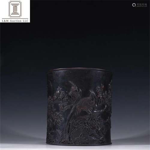 A Chinese Zitan Wood Flower and Bird Brush Pot