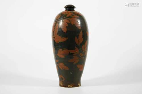 Black Glazed Plum Vase with Brown Colored Floral Design