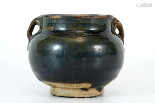 Black Glazed Jar with Two Handles and Flambed Design