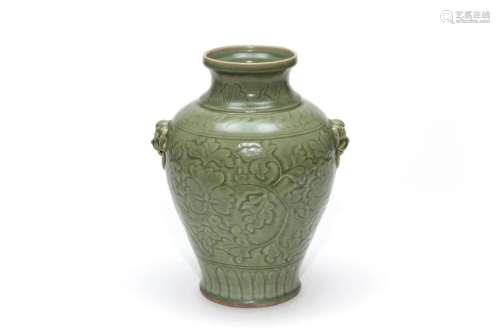 Celadon Glazed Jar with Carving Flowers and Handles