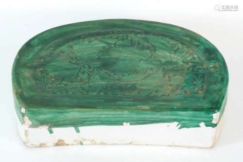Green Glzed Porcelain Pillow with Carved Flowers