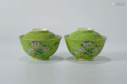 Pair Green Glazed Covered Bowls with Famille Rose