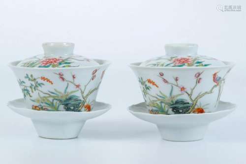 Pair Famille Rose Covered Bowls with Floral Design