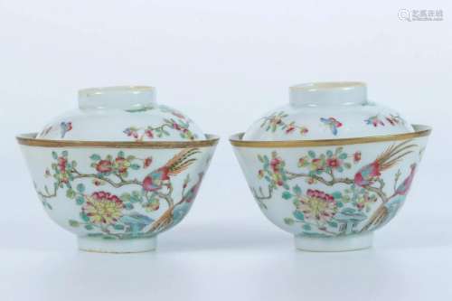 Famille Rose Covered Bowls with Flowers and Birds