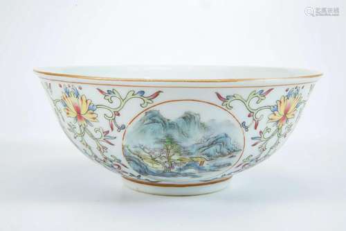 Famille Rose Bowl with Floral Design and Landscape