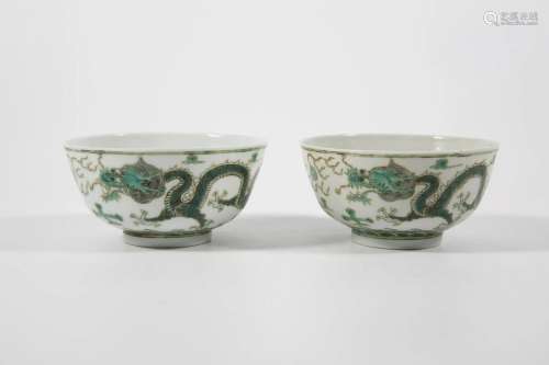 Green Colored Bowls with Two Dragons Playing with A