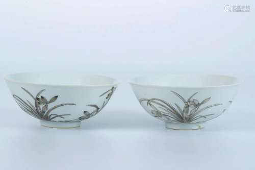 Ink Colored Bowls with Orchid Pattern (pair)