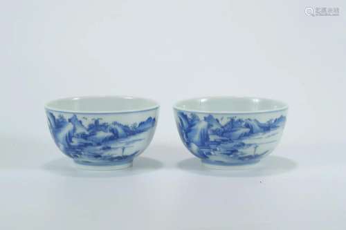 Pair Tea Bowls with Landscape and Figure Design