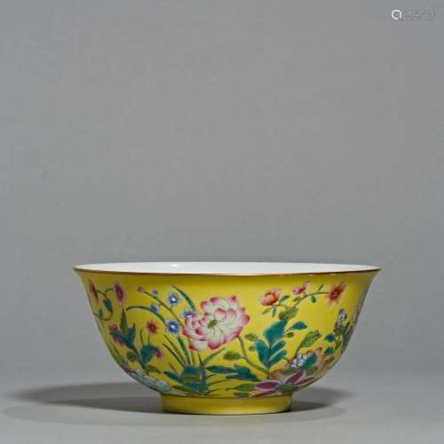 Famille Rose Bowl with Floral Pattern on a Yellow