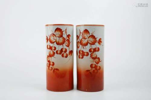 Pair Red Glazed Hat Holders with Flowers and Fruits
