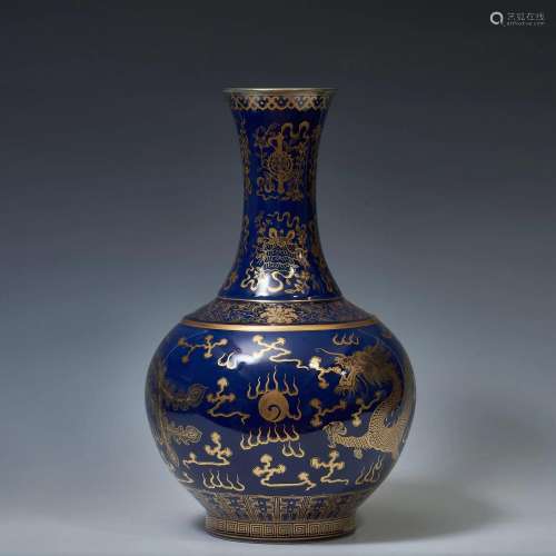 Cobalt Blue Glazed Vase with Gold Outlining Design and