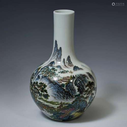 Ink Colored Globular-shaped Vase with Landscape