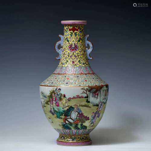 Foreign Colored Vase with Double Ears and Flowers,