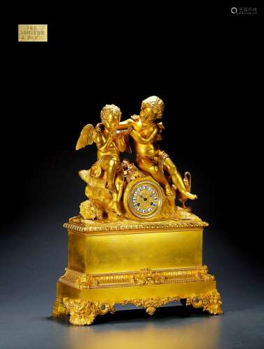 十九世纪制 德尼埃（DENIERE）双天使饰鎏金座钟