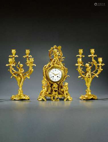十九世纪制 小天使饰鎏金三件套钟