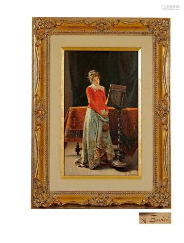 阿尔弗雷多·萨维尼 约1905年 谱台前的女士 木板油画