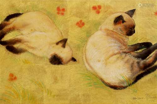 乔治-亨利-曼扎纳·毕沙罗 1925年 两只暹罗猫 金箔色粉
