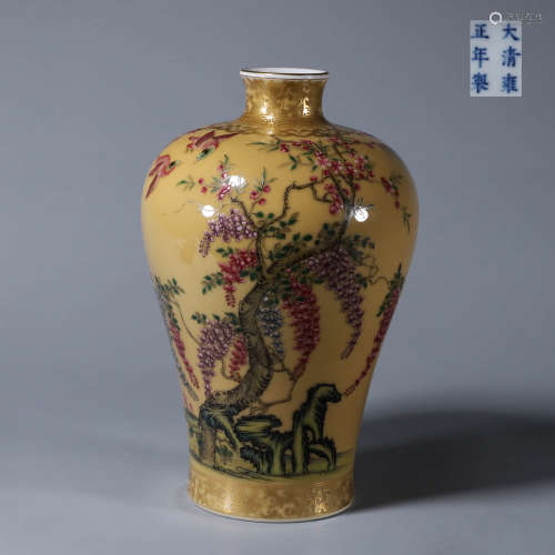 Yellow-glazed famille rose flower and bird plum vase