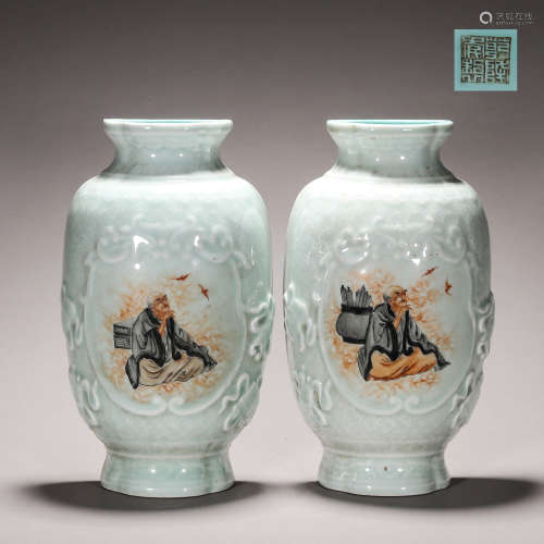 Pair of Bean Celadon-glazed Arhat Wall Vase
