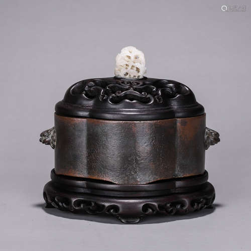 Copper incense burner with jade lion ears