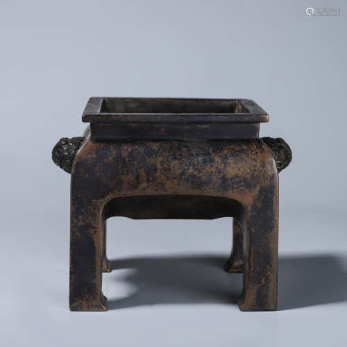 Old Tibetan four-legged copper incense burner with lion ears