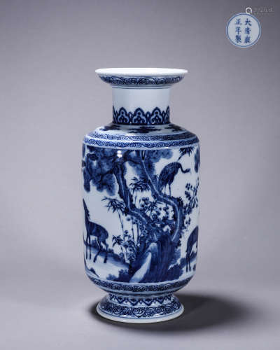 Blue and white crane and deer pattern mallet bottle