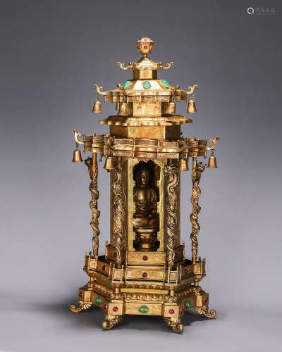 Gilt bronze stupa with precious stones