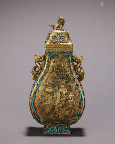 Gilt bronze inlaid turquoise Bogu vase