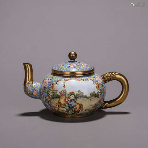 Bronze painted enamel character story teapot