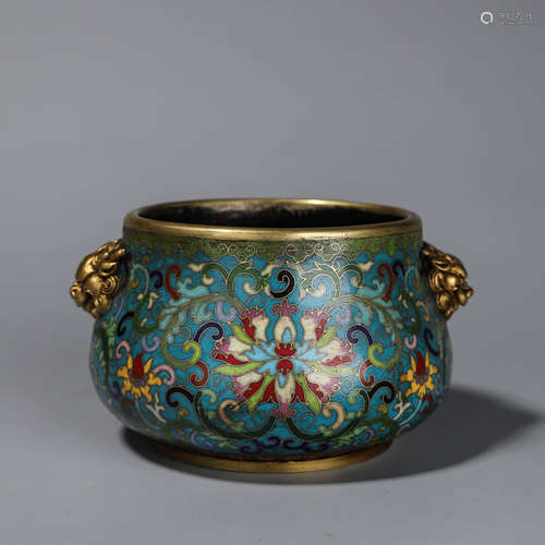 Cloisonne Wrapped Flower Pattern Lion Ear Furnace