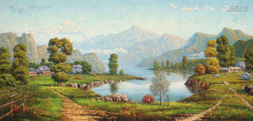 金志明  湖邊美景 布面 油畫