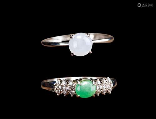 天然高冰紫罗兰翡翠戒指、冰种满绿翡翠银镶S925戒指二件