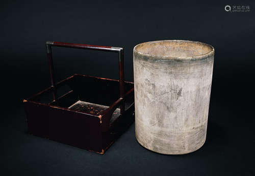 清 白瓷茶道具、漆器包银茶道提篮一套