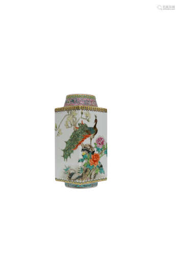 七十年代 粉彩花鳥棕式瓶