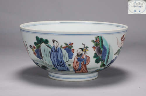 Qing Dynasty Kangxi blue and white colorful figure bowl