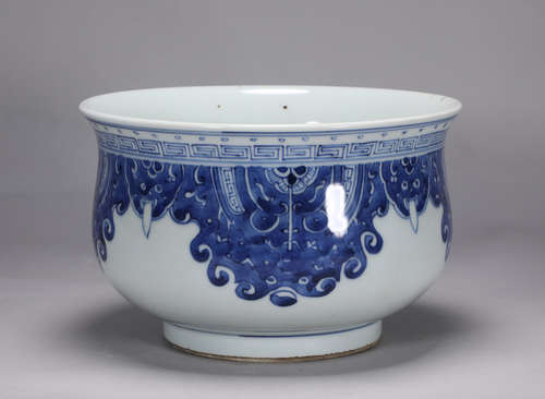 Qing Dynasty Kangxi blue and white gourmet pattern censer