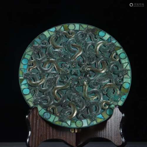 漢 青銅鑲嵌松石螭龍紋銅鏡