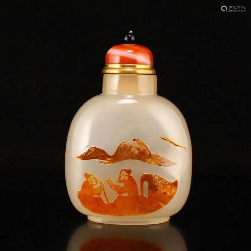 Chinese Qing Dy Agate Low Relief Figures Snuff Bottle