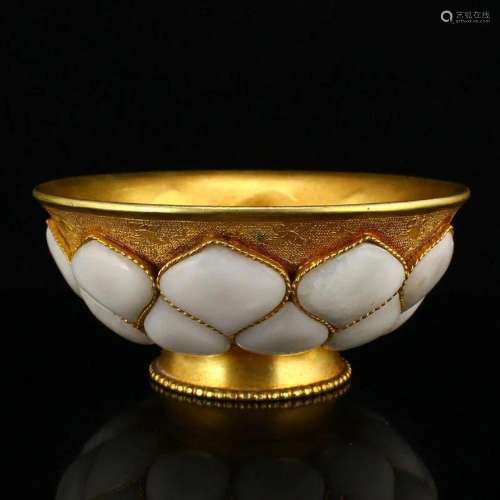 Chinese Gilt Gold Red Copper Inlay White Jade Bowl