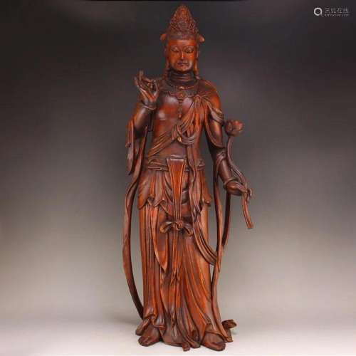 Vintage Chinese Boxwood Wood Lotus Kwan-Yin Statue