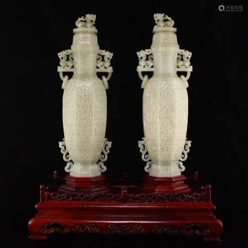 Pair Qing Hetian Jade Double Rings Fortune Beast Vases