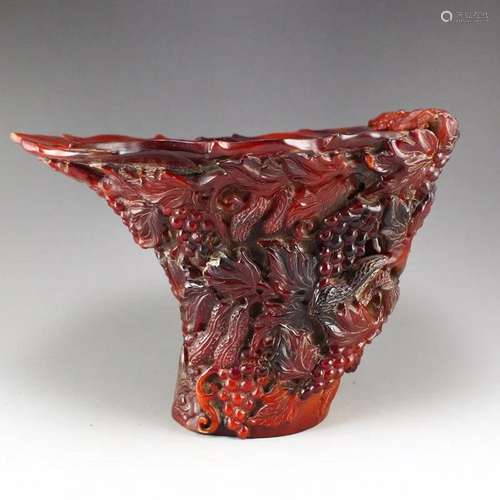 Qing Dynasty Ox Horn Low Relief Grapes Sacrifice Cup