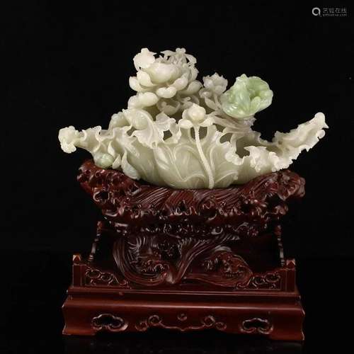 Openwork Qing Hetian Jade Lotus Goldfish & Frog Statue