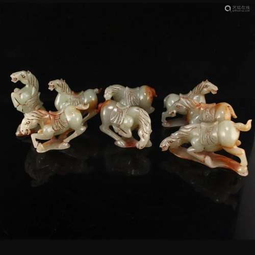 Superb Vintage Chinese Hetian Jade Eight Horse Statues