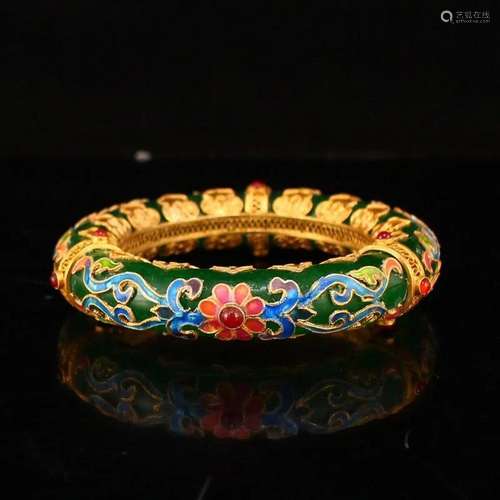 Superb Green Jade Inlay Gold Wire Enamel Gems Bracelet