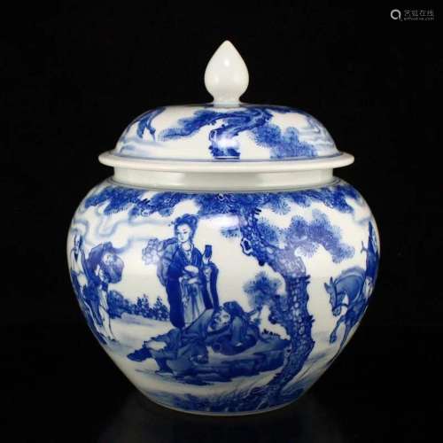 Chinese Eight Taoism Deity Blue And White Porcelain Jar