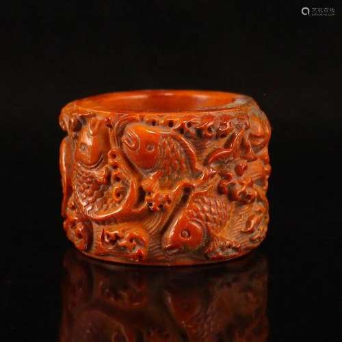 Vintage Chinese Deer Horn Low Relief Carp Thumb Ring
