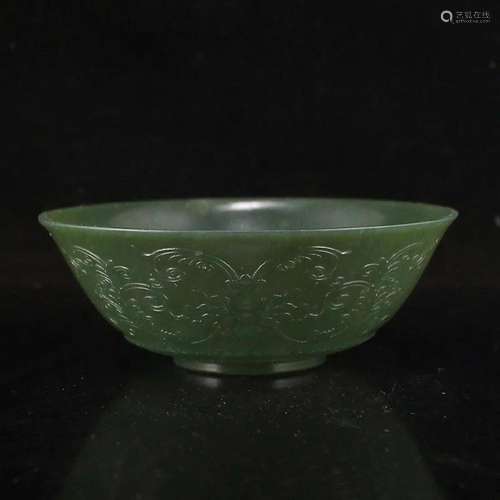 Superb Chinese Qing Green Hetian Jade Low Relief Bowl