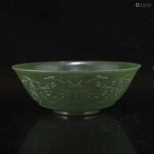 Superb Chinese Qing Green Hetian Jade Low Relief Bowl