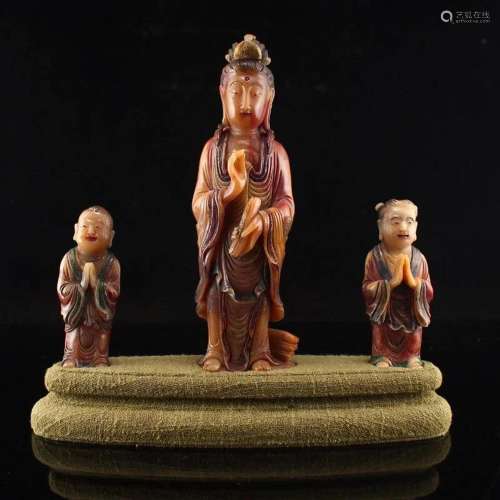 Chinese Shoushan Stone Kwan-yin & Fortune Kid Statues